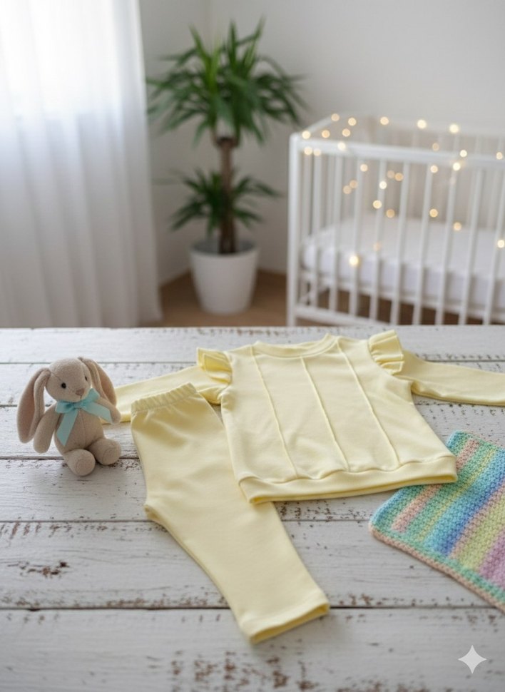 Özel dikim Sarı penye mevsimlik Uzun Kollu Bebek Kız Takımı - Görsel 2