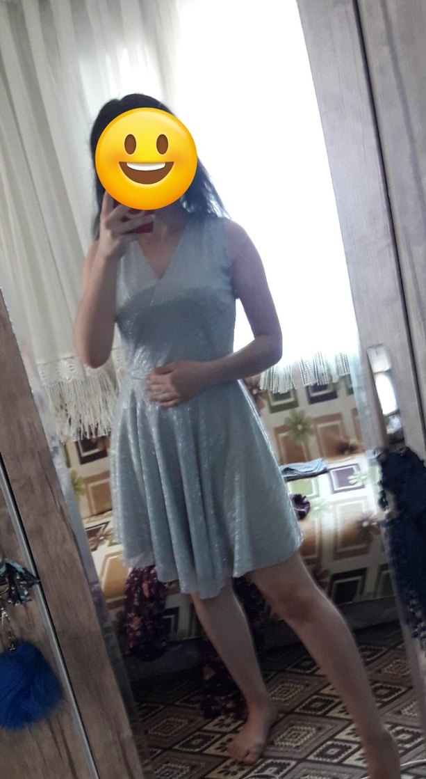 Gri V Yaka Midi Parti Elbisesi - Görsel 2