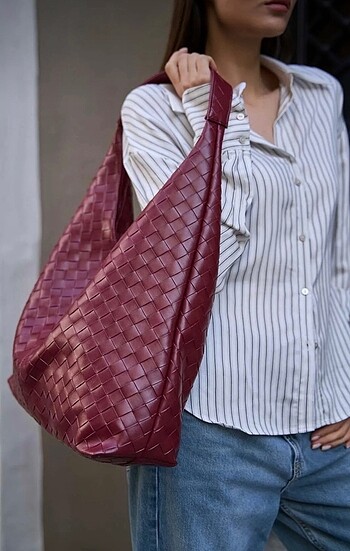  Beden bordo Renk OVERSIZE ÖRGÜ DESENLİ ÇANTA