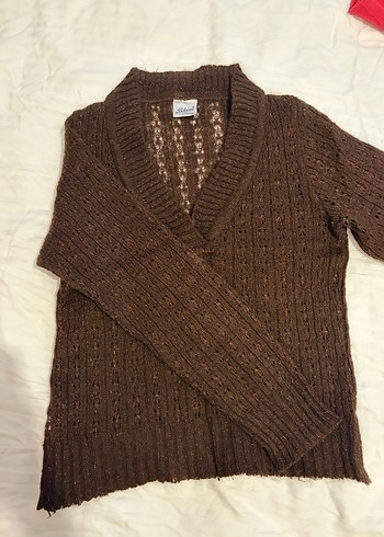 Kahverengi V Yaka Örgü Kadın Kazak - Görsel 2