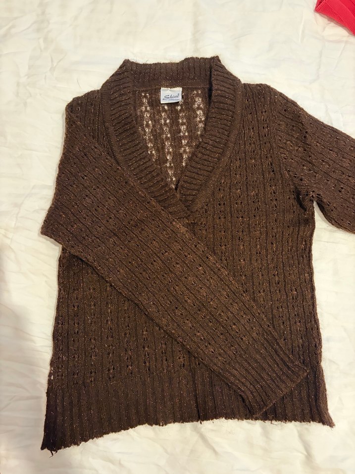 Kahverengi V Yaka Örgü Kadın Kazak - Görsel 2