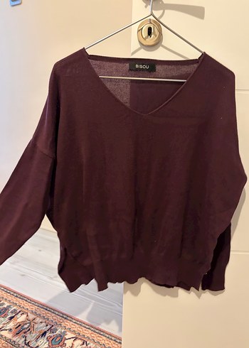 Bordo V Yakalı Örgü Yün Kadın Kazak - Görsel 2