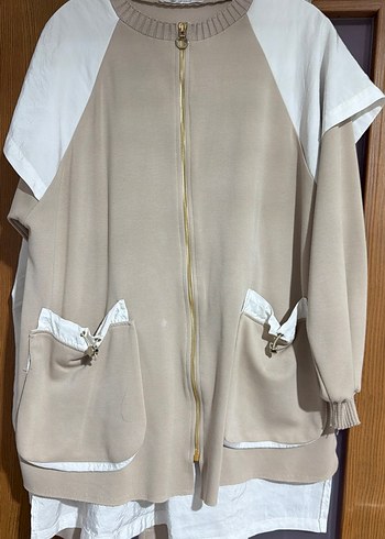 Diğer Bej Beyaz Renk Bloklu Rahat Fermuarli Sweatshirt