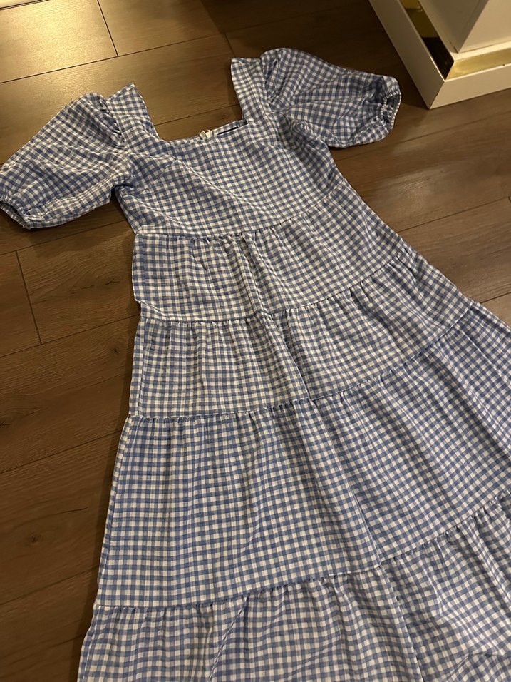 Mavi Kareli Pamuklu Uzun Salaş Elbise - Görsel 2