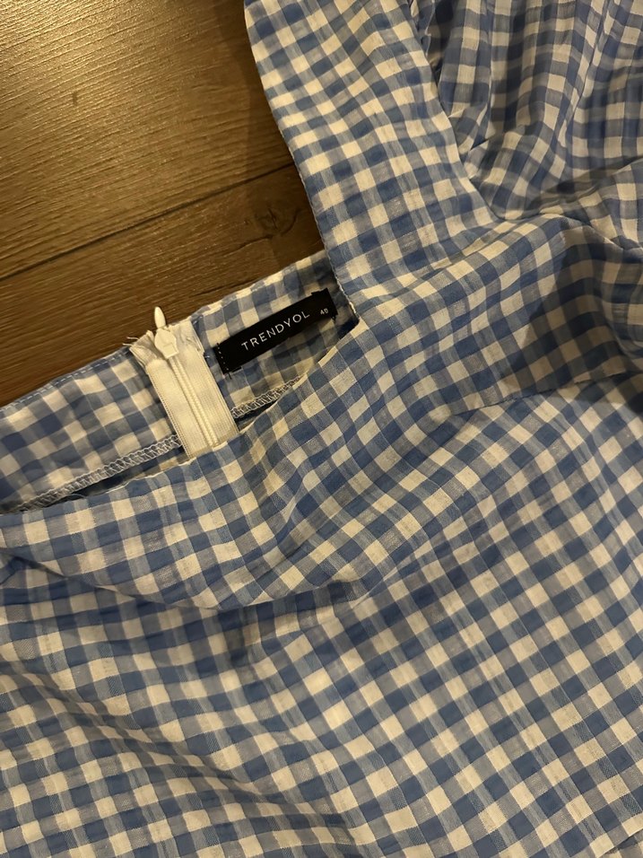 Mavi Kareli Pamuklu Uzun Salaş Elbise - Görsel 3