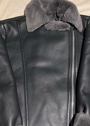 Mango Siyah Deri Kurklu Biker Ceket