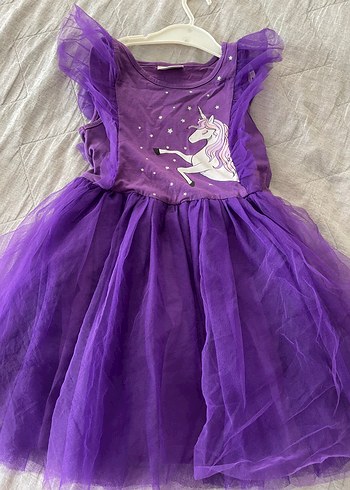 Mor Kız Çocuk Tüllü Elbise Unicorn Desenli