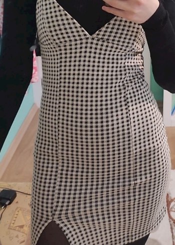 Gri Kareli V Yakalı Mini Elbise - Görsel 3