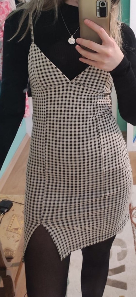 Gri Kareli V Yakalı Mini Elbise - Görsel 3