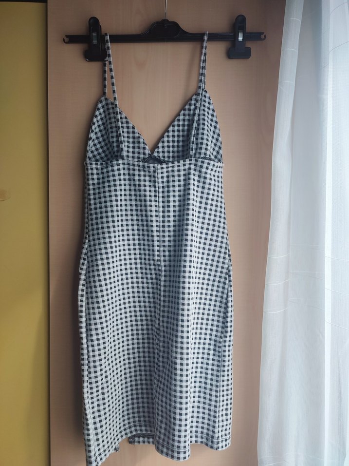 Gri Kareli V Yakalı Mini Elbise - Görsel 2