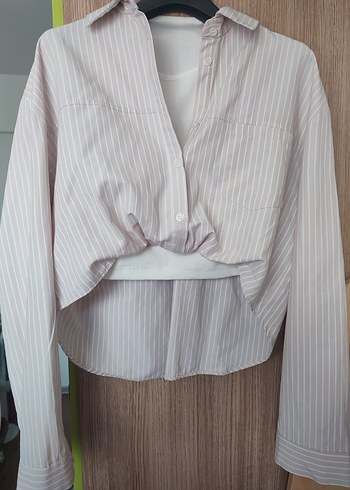 Bej Çizgili Uzun Kollu Kadın Gömlek - Görsel 2