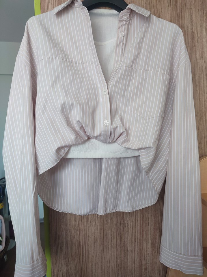 Bej Çizgili Uzun Kollu Kadın Gömlek - Görsel 2