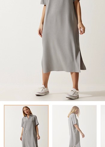 Happiness Gri Midi Polo Elbise