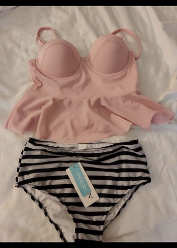 Diğer Pembe Fırfırlı Çizgili Mini Bikini