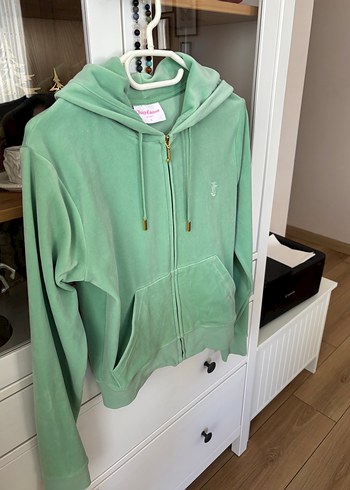 Juicy Couture Mint Yesili Kapusonlu Fermuarli Kadife Sweatshirt