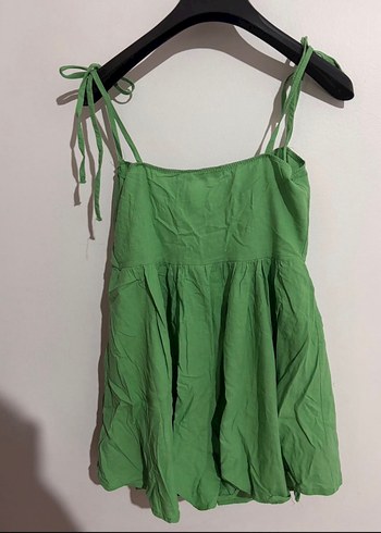 Yeşil Keten Mini Askılı tulum - Görsel 2