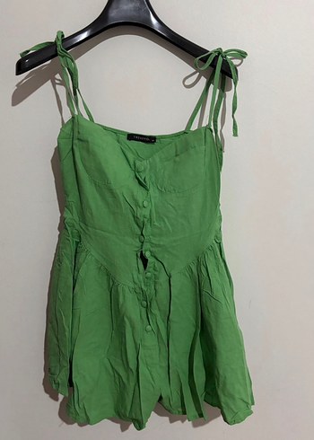 Yeşil Keten Mini Askılı tulum - Görsel 3