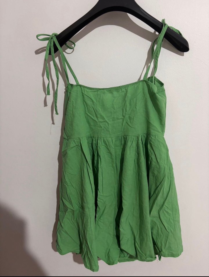 Yeşil Keten Mini Askılı tulum - Görsel 2