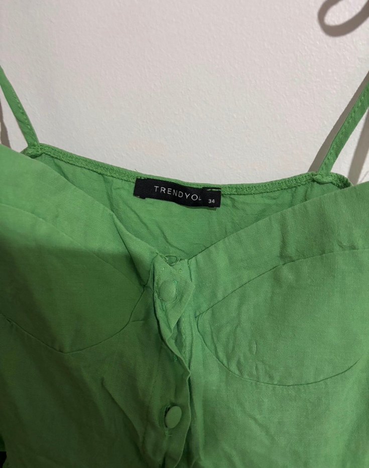 Yeşil Keten Mini Askılı tulum - Görsel 4