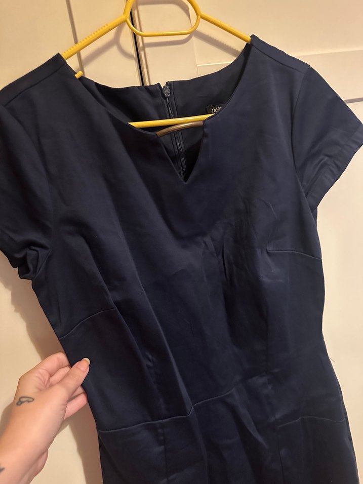 Lacivert V Yaka Midi Ofis Elbisesi - Görsel 3