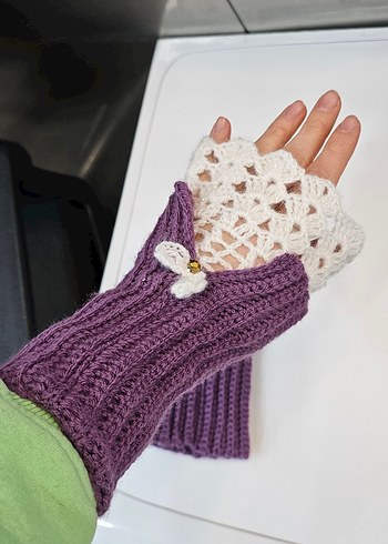 Mor ve Beyaz Örgü Kadın Eldiven - Görsel 2
