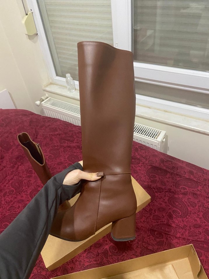 Kahverengi Deri Dizüstü Stiletto Çizme - Görsel 2