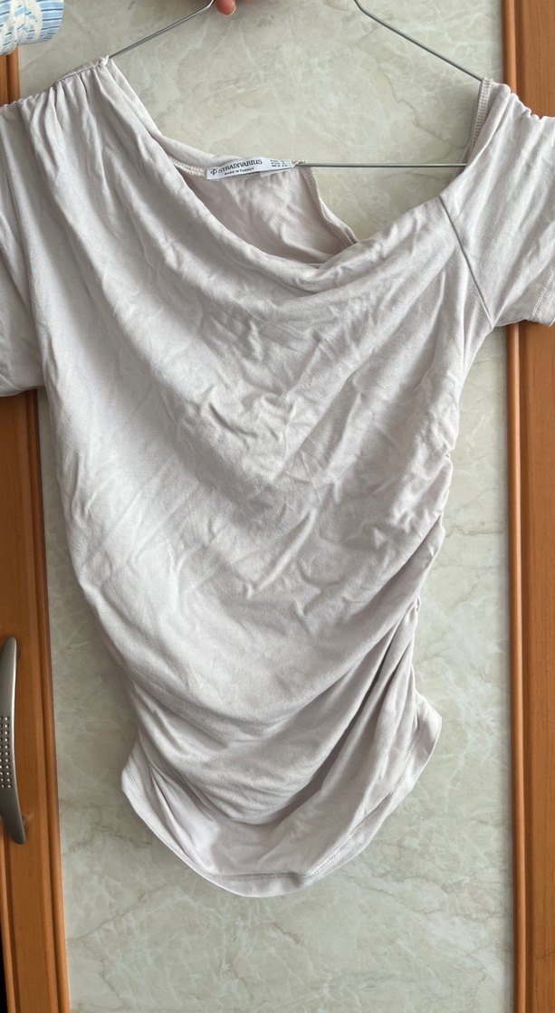 Kadın Bej Keten Drapeli V Yaka Bluz - Görsel 3