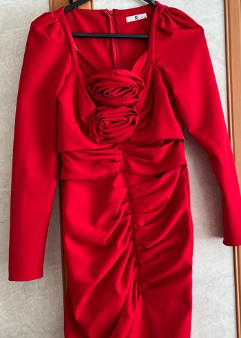 Kırmızı V Yaka Mini Abiye Elbise - Görsel 2