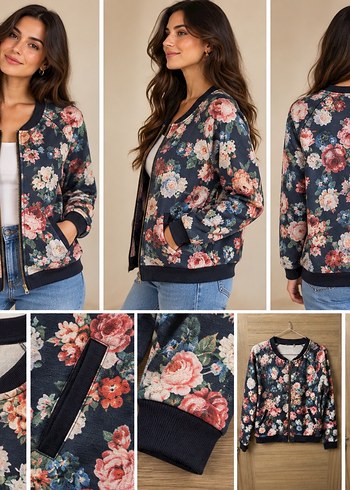 LC Waikiki Romantik Cicekli Lacivert Bomber Ceket