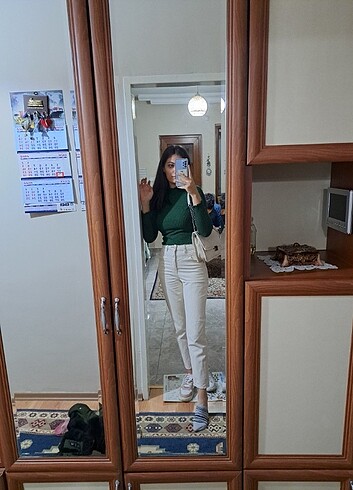 Krem mom pantolon