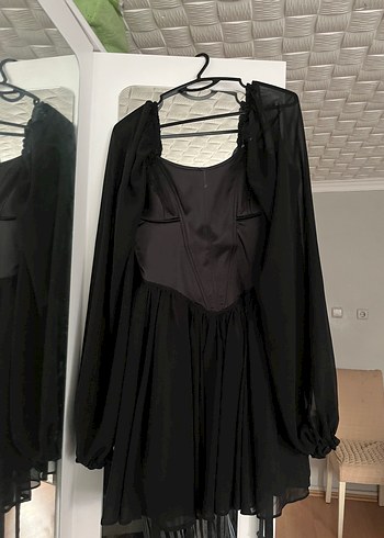 Diğer Sifon Detayli Korseli Siyah Mini Elbise