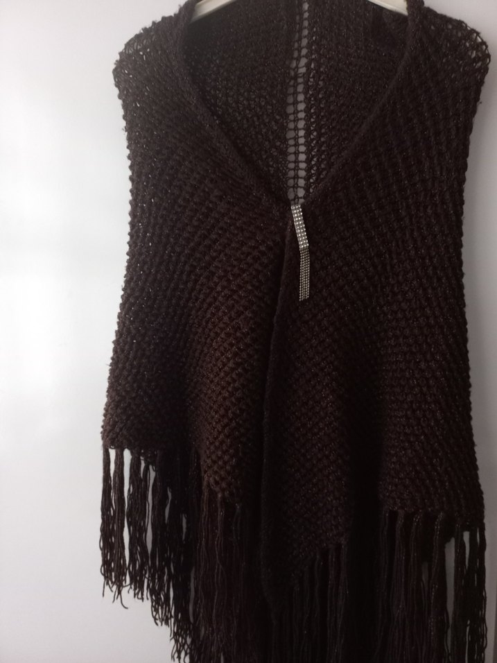 Kahverengi Örgü Kadın Panço şal - Görsel 4