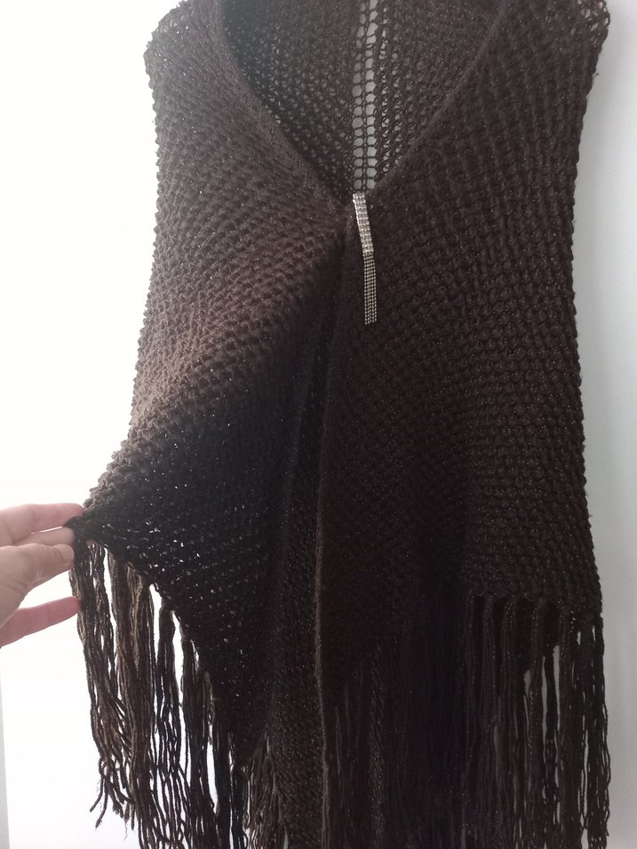 Kahverengi Örgü Kadın Panço şal - Görsel 3