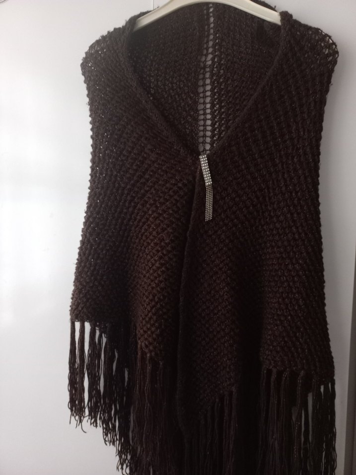 Kahverengi Örgü Kadın Panço şal - Görsel 2