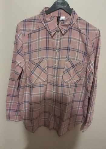 H&M Marka Pudra Pembe Ekose Uzun Kollu Gomlek