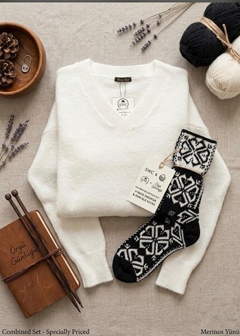 Zara Ekru V Yaka Merinos Yun Kazak Siyah Desenli Corap Seti