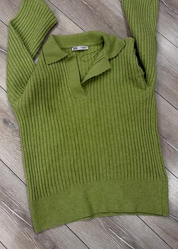 Zara Haki Fitilli Polo Yaka Triko Kazak