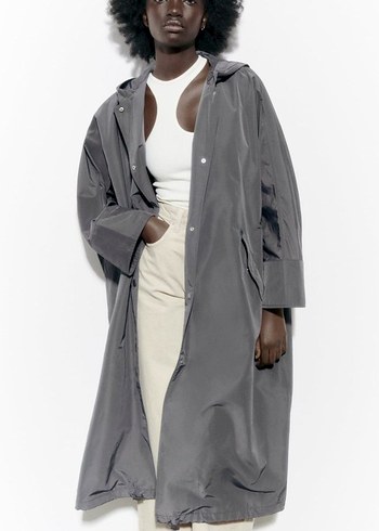 Gri Uzun Kadın Trençkot, Salaş ve Dökümlü - Görsel 2