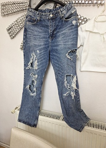 Kadın Mavi Yırtık Bol Kesim Denim Pantolon - Görsel 6