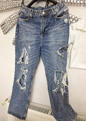 Zara Kadın Mavi Yırtık Bol Kesim Denim Pantolon