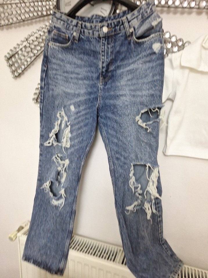 Kadın Mavi Yırtık Bol Kesim Denim Pantolon - Görsel 2