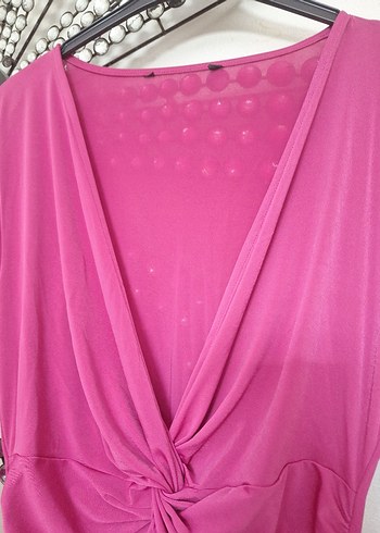 V Yaka Pembe Elbise - Görsel 4