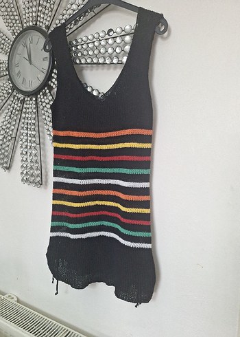 Çizgili Bohem Mini Triko Elbise - Görsel 4