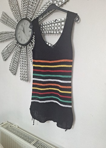 Çizgili Bohem Mini Triko Elbise - Görsel 7