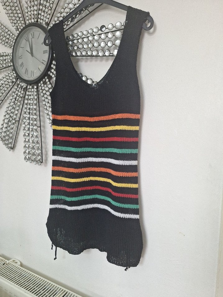 Çizgili Bohem Mini Triko Elbise - Görsel 4