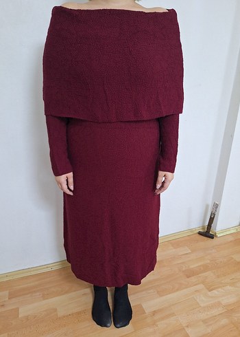 Bordo Uzun Örme Elbise - Görsel 3