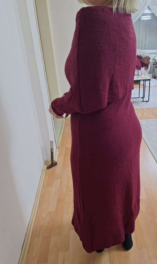 Bordo Uzun Örme Elbise - Görsel 4