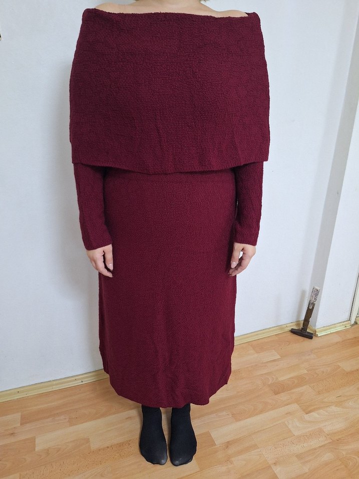 Bordo Uzun Örme Elbise - Görsel 3