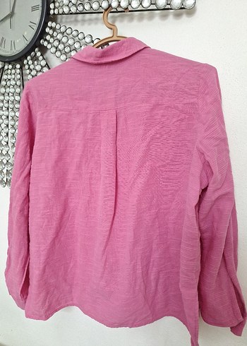 l Beden pembe Renk Pembe Keten Gömlek, Uzun Kollu, Düğmeli