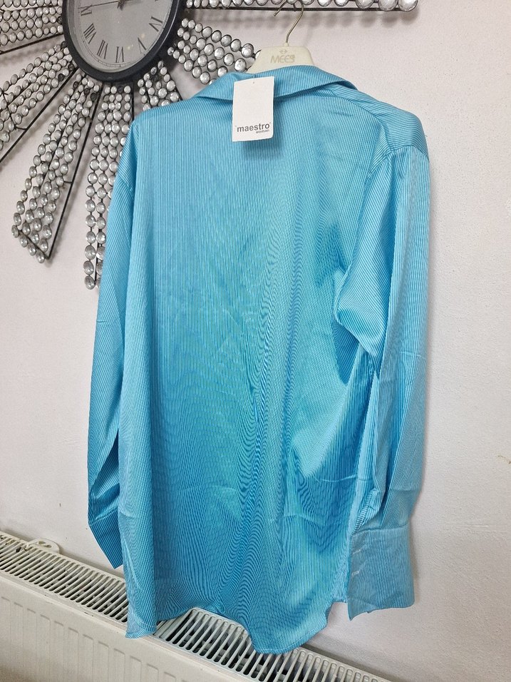 Mavi Parlak Düğmeli Uzun Kollu Kadın Gömlek - Görsel 3